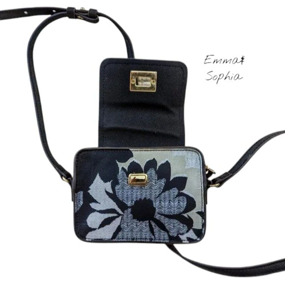 Emma & Sophia black/cream floral mini crossbody bag gold turn lock